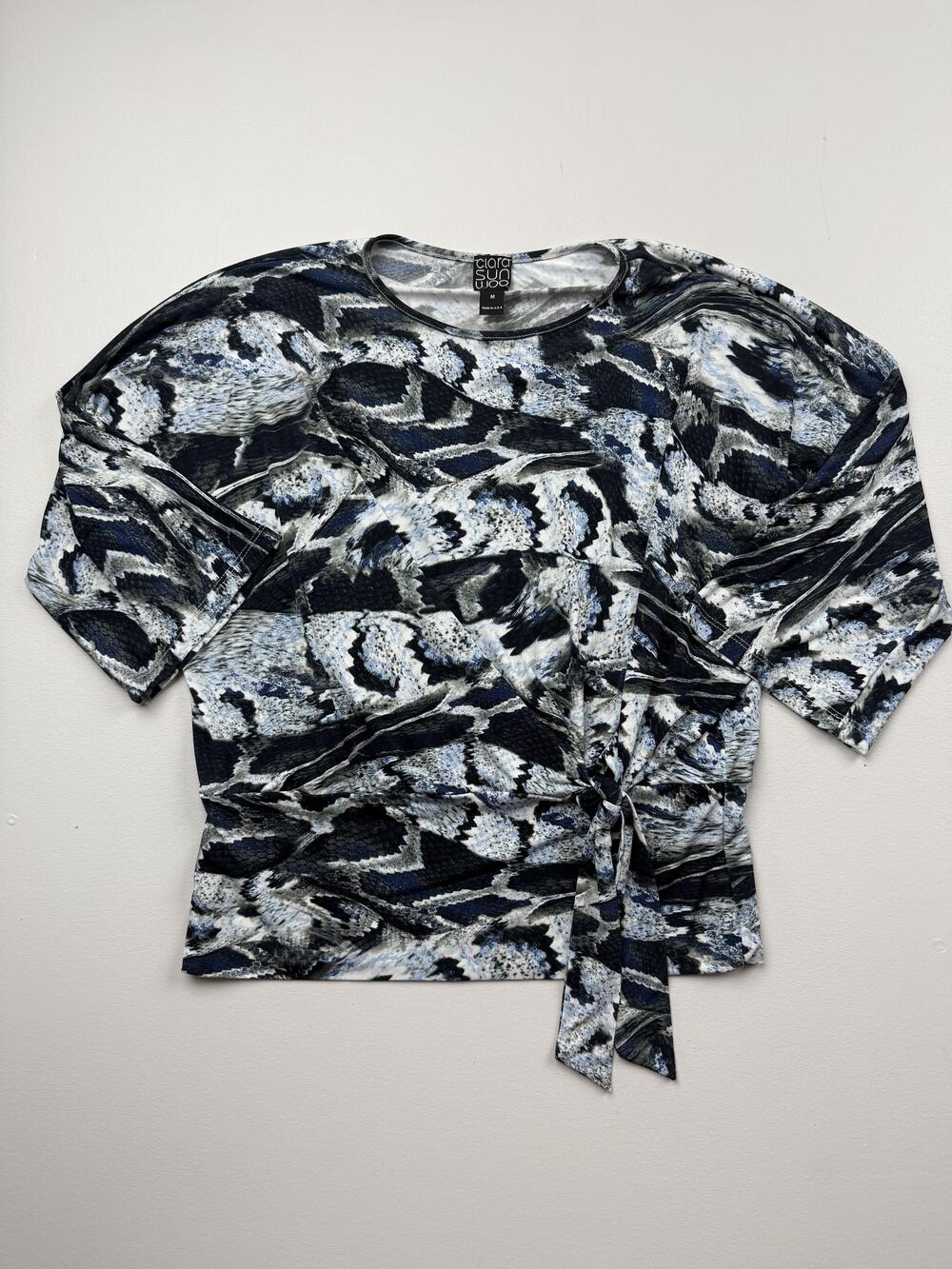 Clara Sunwoo Blouse Womens M Blue Snake Print Round Neck Short Sleeve Tie Top